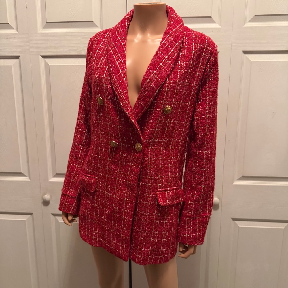 Red Tweed Plaid Double-Breasted Blazer Women’s Size L Old Money - Picture 9 of 16
